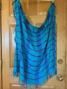 Ben Goodman Turquoise Striped Fringe Shawl. EUC